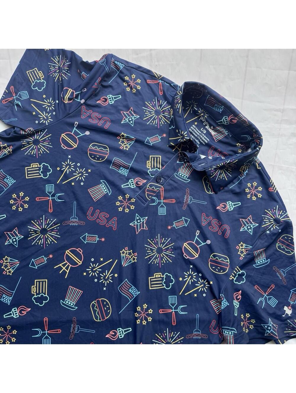 Birdie Bound USA Patriotic Golf Polo Shirt Men’s Large Navy 4th of July Stretch